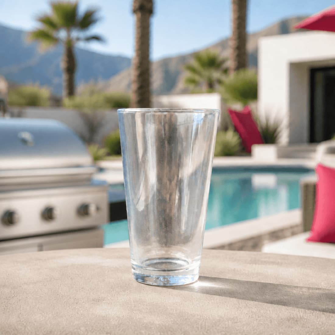 Pint glass staged poolside with grill and mountains behind