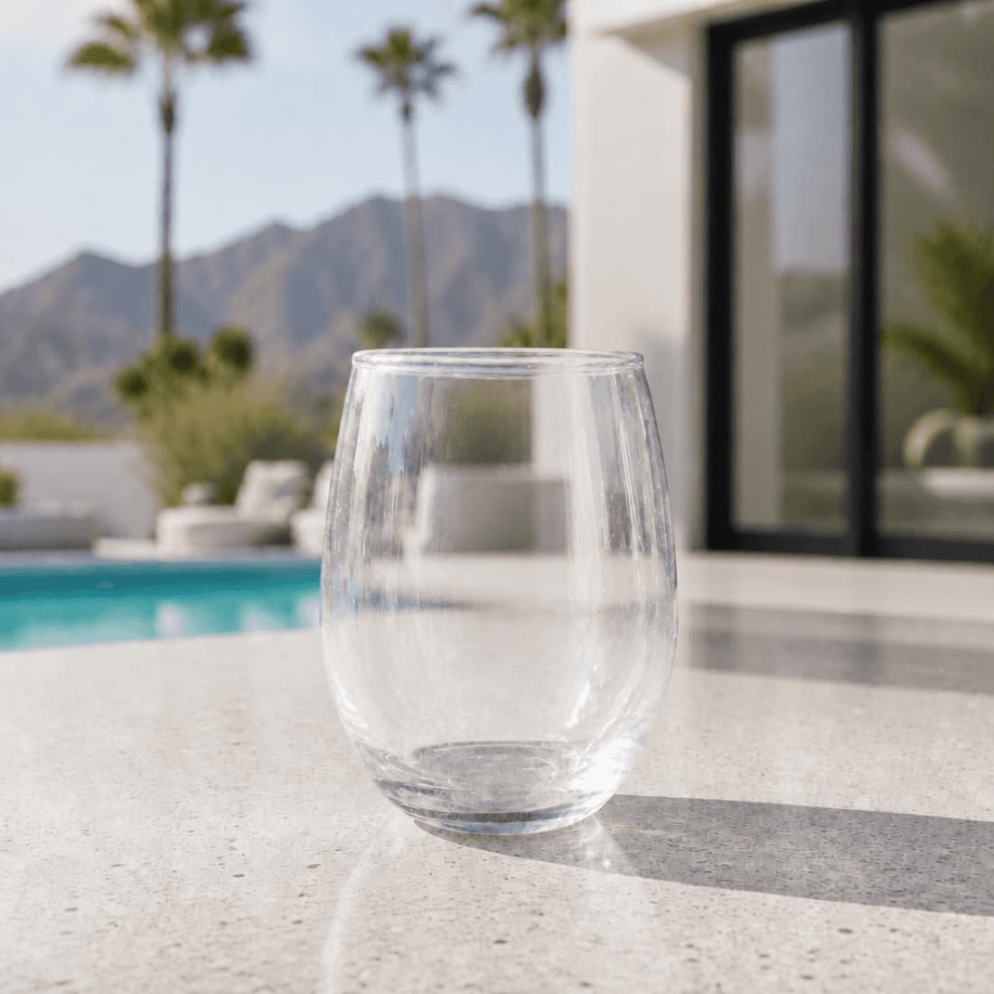 Stemless glass staged on stone with Palm Springs pool and lounge chairs