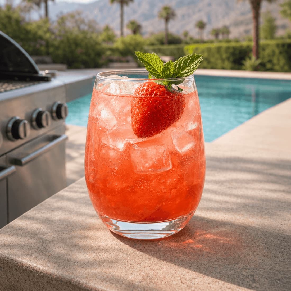 Glass filled with strawberry lemonade and mint beside a grill and pool