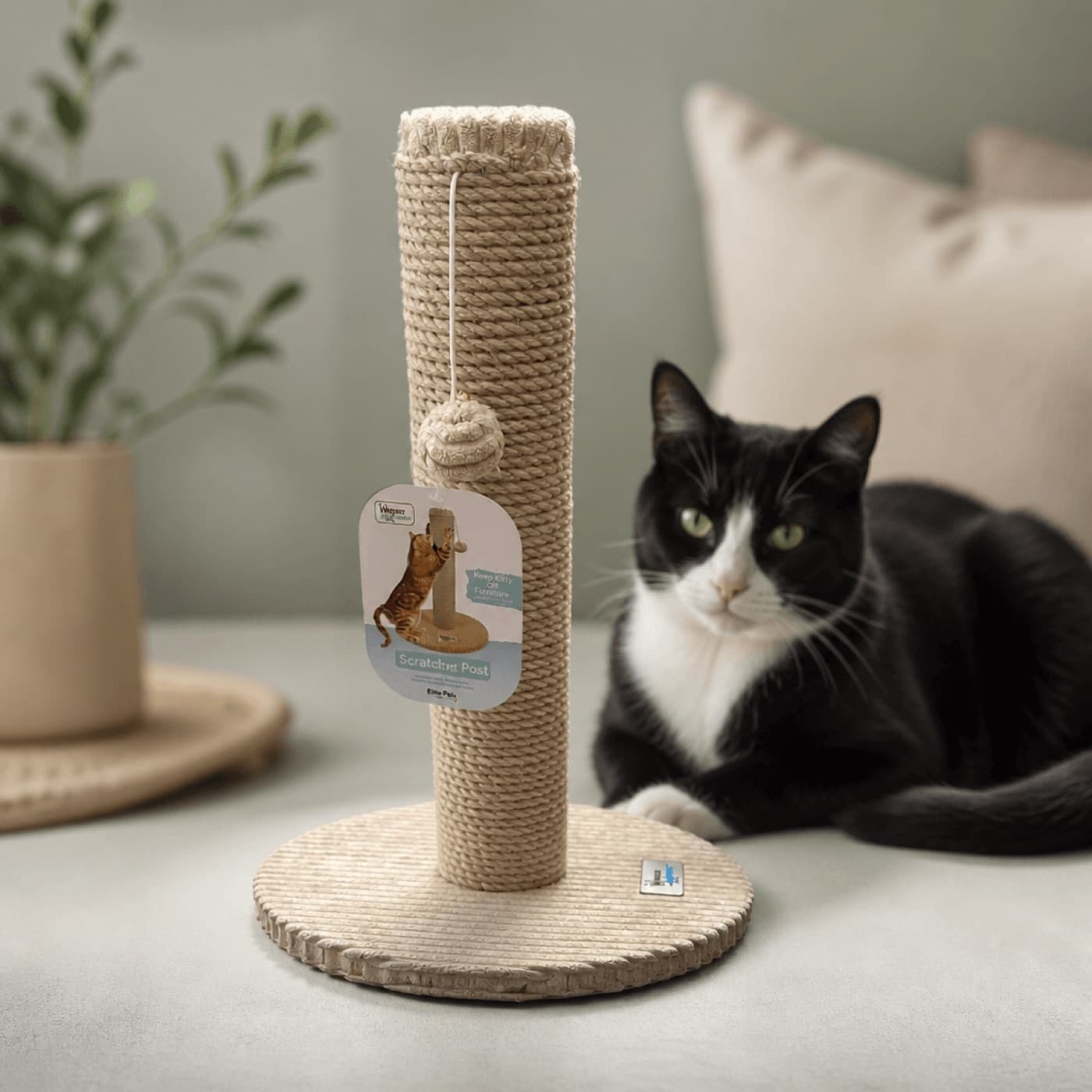 Catalog shot of the scratcher post with a tuxedo cat in a soft home interior