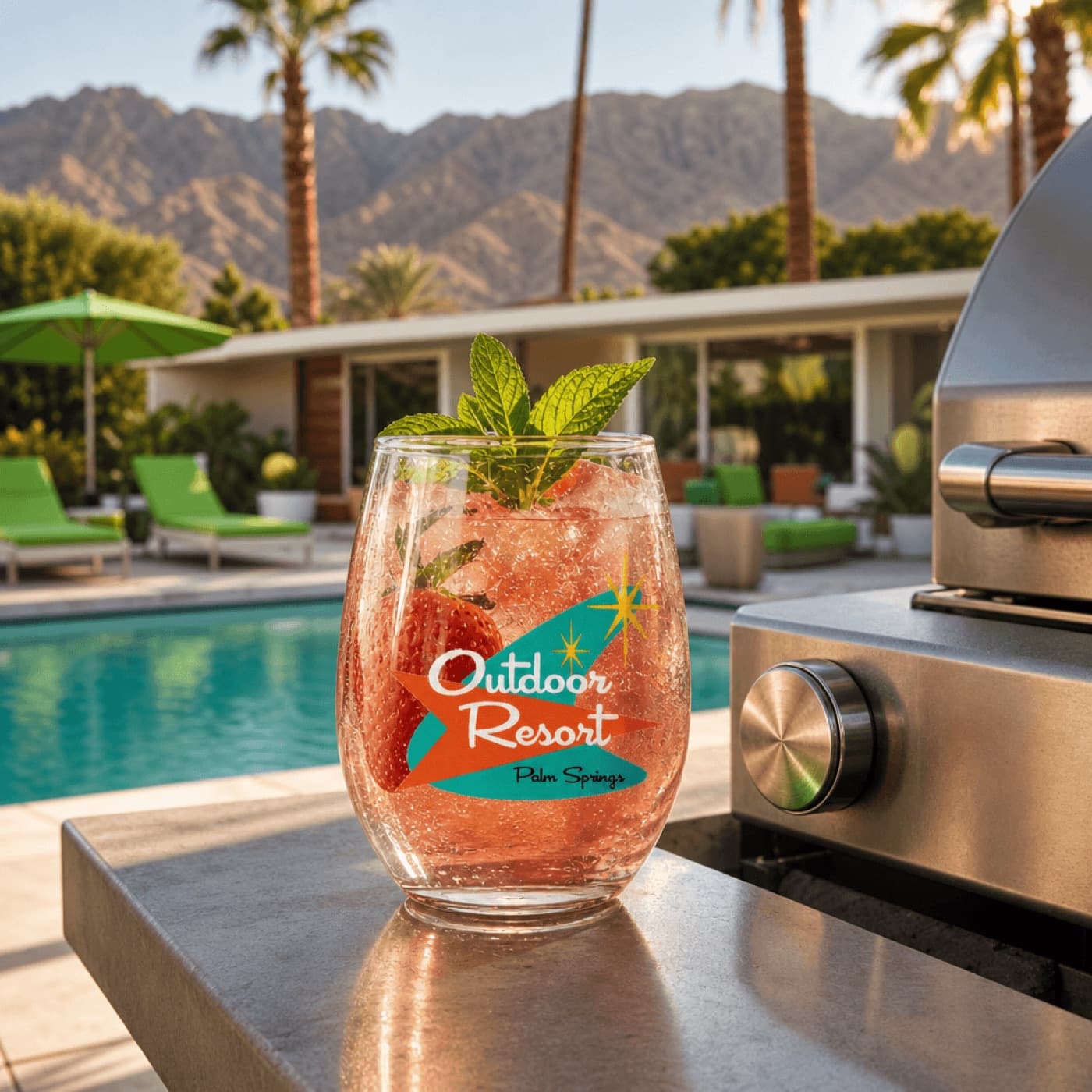 Lifestyle catalog shot of the branded tumbler with lemonade beside a grill at a Palm Springs pool
